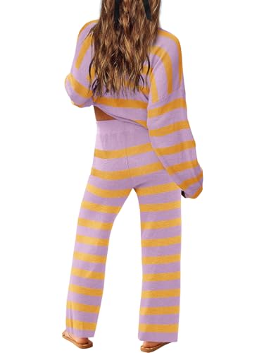 Image of LAMISSCHE Oversized Womens Lounge Set Striped Sweater Set Long Sleeve 2 Piece Pajama Set Top and Pants with Pockets