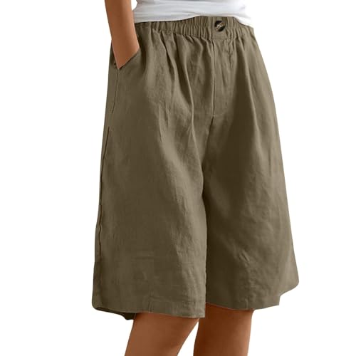 VgguDoe Leinen Shorts Damen Elegant,Damen Sommer Shorts Lässig Weites Bein mit Taschen Elastische Taille,Bermuda Hose Kurze Lässige mit Kordelzug Leinenhose a L