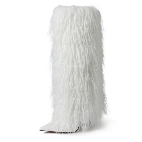 INSMIA Womens White Fuzzy Boots Knee High Fold Over Tall Boot Wide Calf Pointed Toe Stiletto High Heel Fall Winter Fashion Boots for Women Size 8