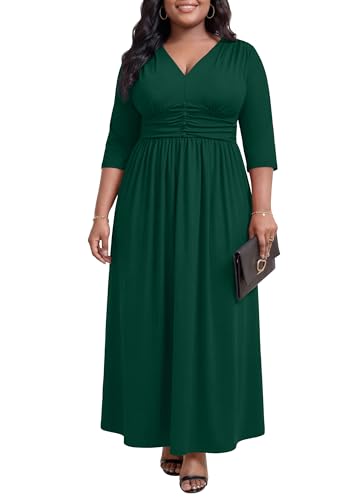 Image of Runwind Plus Size Maxi Dress 3 /4 Sleeve V-Neck Pleated Faux Buttons Pockets | Plus size dress for wedding guest, work, church, pleated front faux buttons, flowy maxi dress enhances elegance
