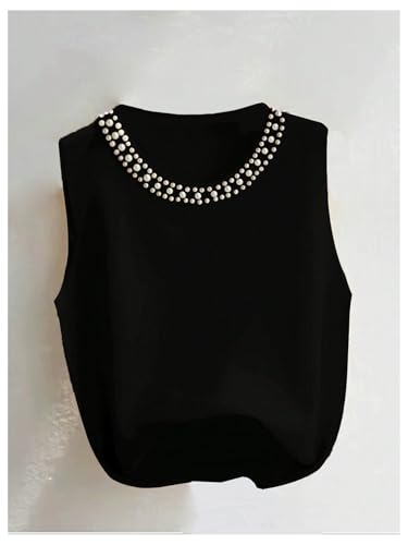 Verdusa Tops for Women Trendy Pearl Beaded Sweater Vest Sleeveless Old Money Knitted Top3