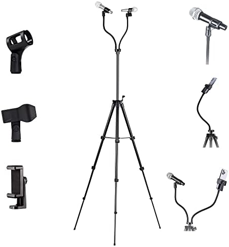 Kereal Microphone Stand Tripod Double Gooseneck for Most Mic, Portable Multifunction Mic Floor stand Adjustable Height 15” to 69” with Two Mic Clip and Phone Holder for Singing, Studio, Karaoke,DJ
