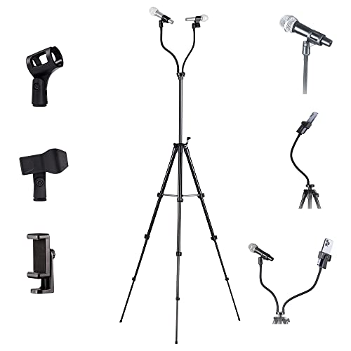 Kereal Microphone Stand Tripod Double Gooseneck For Most Mic, Portable Multifunction Mic Floor Stand Adjustable Height 15” To 69” With Two Mic Clip And Phone Holder For Singing, Studio, Karaoke,Dj #TOP2