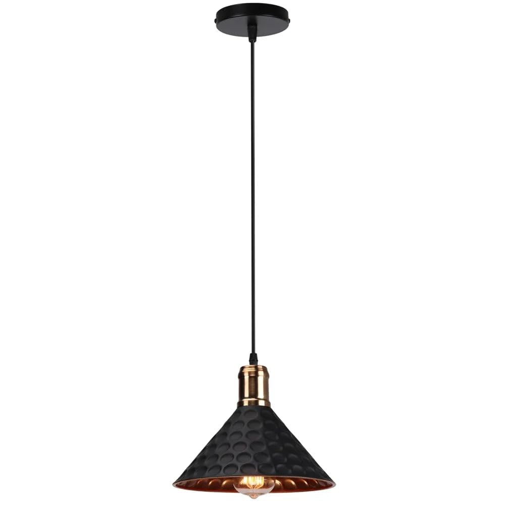 Mossodor Black+Gold Black Lampshade Metal Cone Pendant Light 24Cm Black And Copper Lining Inside. Include E27 1X Edison Filament Bulb For Kitchen Island Dining Room