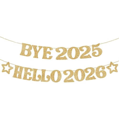 Gleemix Deko Silvester 2026 Banner Gold, BYE 2025 HELLO 2026 Schriftzug Banner...