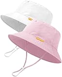2-Pack Baby Sun Hat Kids Summer UPF 50+ Sun Protective Toddler Bucket Hat Wide Brim Adjustable Beach Hats for Boys Girls Age 0-6 Years (Pink + White)
