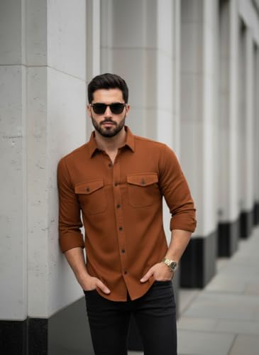 Image of DEELMO Men's Classic Cotton Blend Slim Fit Shirt || Full Sleeve Button-Down Casual Shirt with Dual Flap Pockets || Soft Breathable Fabric || Ideal for Office Party and Everyday Wear