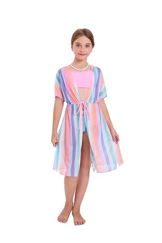 Girls Bikini Set 3 Piece - Striped Multicolored Swimsuit with Quick Dry Cover Up - Bathing Suit for Kids 6-14 Years2