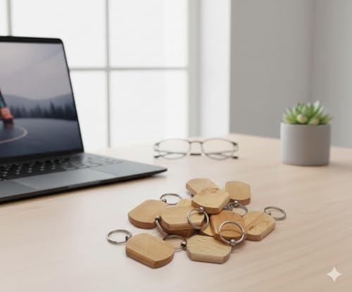 Image of Empty Wooden Keychains, Laser Engravable, Printable & Writable, Pack of 10 Assorted Shapes, 5cm x 3cm