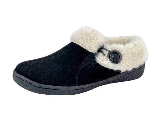 Clarks Womens Suede Leather Slipper with Gore and Bungee JMH2213 - Warm Plush Faux Fur Lining - Indoor Outdoor House Slippers For Women (6 M US, Black)