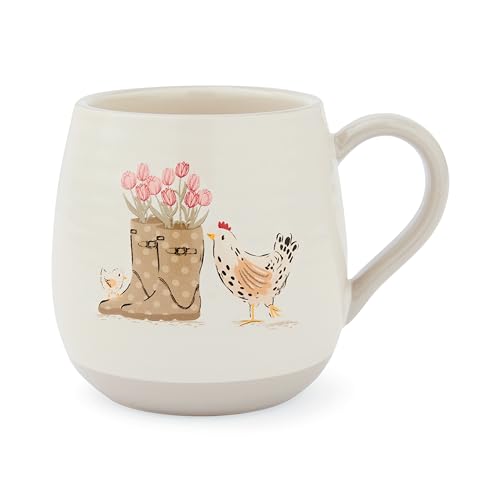 Cooksmart Hen House Lane Belly Mug à café de style ferme britannique en grès côtelé Motif poule et coq en relief Passe au lave-vaisselle et au micro-ondes...