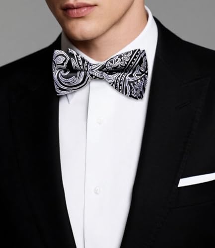Image of Dubulle Mens Paisley Striped Bowtie Set Pre-tied Bowtie for Men and Pocket Square Set Wedding Business