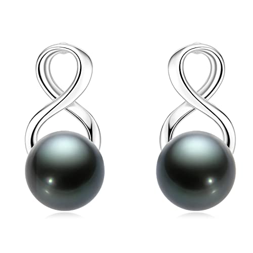 Tahitian Black Pearl Stud Earrings for Women, 925 Sterling Silver Dainty Infinity Pearl Drop Earrings Anniversary Birthday Jewelry Gift for Wife Mom
