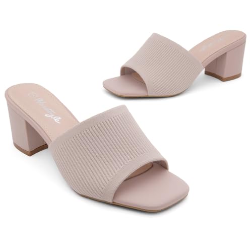 Image of Herstyle Square Open Toe Heeled Sandals for Women 2.5 Inch Low Block Chunky Heel Sandals Slip-On Mules Comfortable Dress Shoes for Party Wedding Office