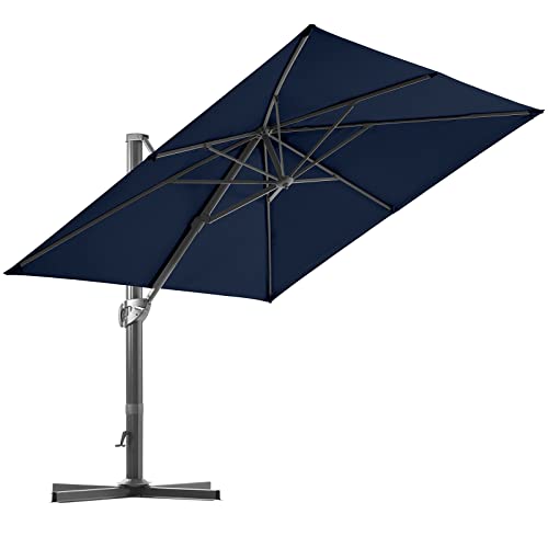 BLUU REDWOOD 10 FT Square Patio Umbrella Offset Cantilever Outdoor Umbrella Aluminum Market Hanging Umbrellas with 360° Rotation Device and Unlimited Tilting System & Cross Base (Navy Blue)