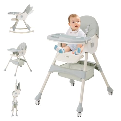 3in1 Trona bebé Plegable, 3 Posiciones Trona para Bebes Reclinable con Ruedas y Doble Bandeja Extraible, Asiento Reposapiés, Altura Regulable Trona para Bebes 6+ Meses