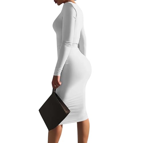 Elegant Basic Round Neck Midi Dress - Long Sleeve Bodycon Work Office Pencil Dress for Women2