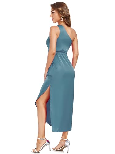 Image of Women's One Shoulder Satin Silk Backless Split Wrap Hem Twist Ruched Summer Party Cocktail Midi Dress