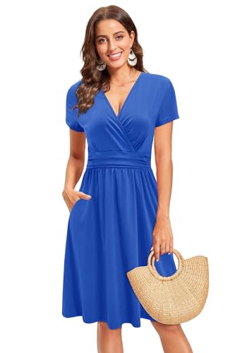 Image of Newshows Women's Pockets Wrap V Neck Floral Summer Vacation Casual Sundress | Wrinkle Free, Stretchy, Summer Beach Floral Sundress 2026, Casual Dress for Vacation, Guaduation, Side Pockets, A-line