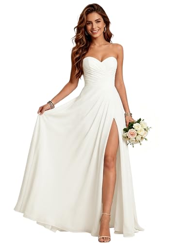 Chiffon A Line Beach Wedding Dresses with Train Strapless Wedding Gowns for Bride Ivory Summer...