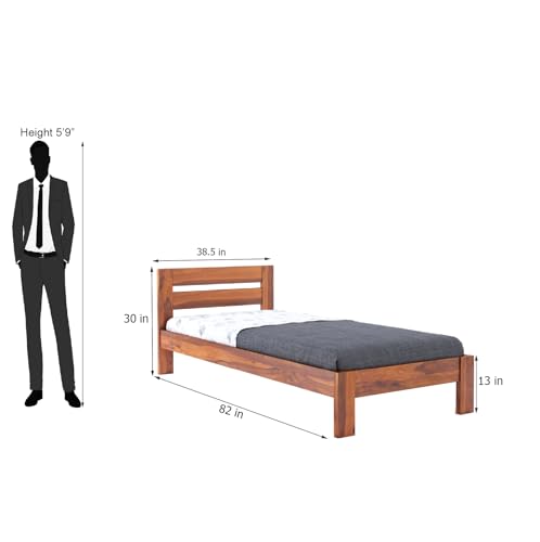 Image of BM WOOD FURNITURE Wooden Single Size Bed Without Storage | Single Cot with Upholstered Cushion Headboard for Hotel & Guest Room | Solid Wood Sheesham, Honey Finish