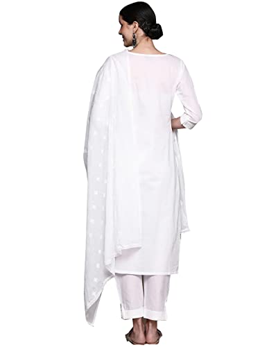Image of ishin Women's Cotton White Embroidered A-Line Kurta & Trouser & Dupatta