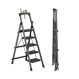 5 Step Ladder with Tool Tray,Portable Step Tool 330lb Load,Folding Step Ladder with Anti-Slip Widen Pedals,Handrail,Safe-Lock Design Carbon Steel Step Ladder for Painting Outdoor Garage