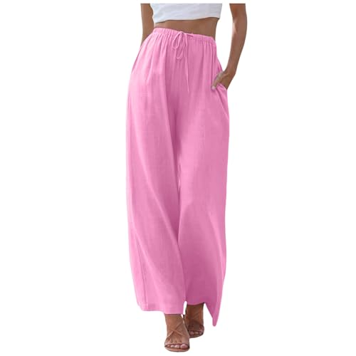 Generic Women's Linen Summer Palazzo Pants Flowy Wide Leg Beach Pants with Pockets Drawstring Elastic High Waist Summer Linen Pant, X-Large, B#_pink