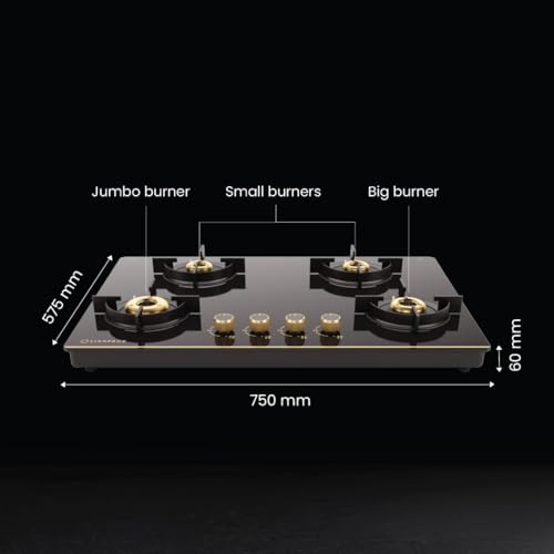 Image of Livspace Intellia 4 Burner Gas Stove | Auto Ignition | Premium Glass Top with Gold Themed knobs | 2 years Warranty | ISI Certifed | Full Brass Burners | 6 mm Toughened Glass | LPG & PNG
