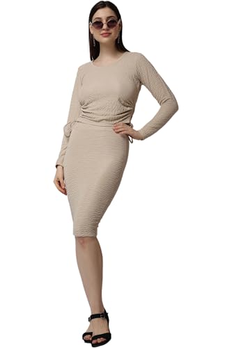 Image of POPWINGS Women Casual Polyester Cream Solid Top and Skirt Co-Ords Set