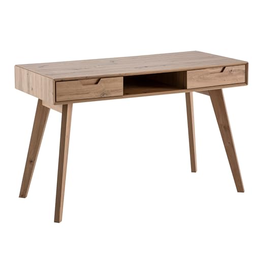 Bureau avec 2 tiroirs et pieds en chêne, avec compartiment de rangement ouvert, design scandinave, table de travail pour la maison et le salon, 120 x 55 x 77...