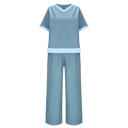 Plus Size 2 Piece Outfits for Women Short Sleeve V Neck Tunic Shirt and Straight Leg Pants Suits with Pockets4