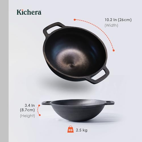 Image of Kichera Pre Seasoned Cast Iron Kadai with 2 Loop Handles (10 Inch) | 2.5kg, 2.5L Capacity | Cookware for Deep Frying | Wok, 26cm Diameter | Kadhai Non Stick |Pure & Toxin-Free
