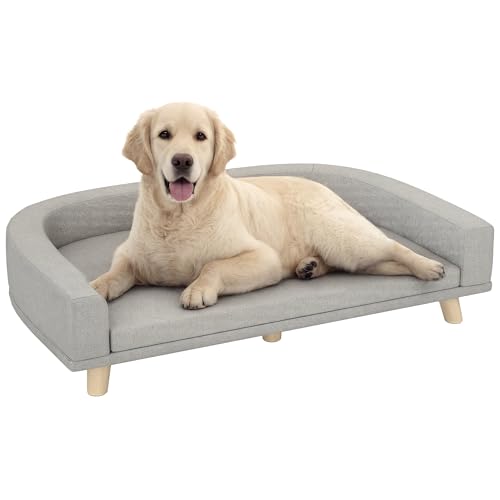 PawHut Divano per Cani di Taglia Grande con Gambe Rialzate e Cuscino Sfoderabile, Divanetto per Cani in Poliestere e Legno, 98x67x25 cm, Grigio