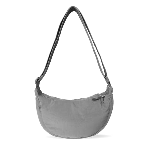 GoPaw Damen Halbmond Crossbody Schultertasche, Hobo Halfmoon Bag, Nylon Crossbody Bag Damen Halbmond Schultertasche mit verstellbarer Schultergurt, Einfarbige(Grau)