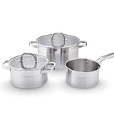 CASTEY - Batería de Cocina Essentials – 3 Piezas: Olla 24 cm (5,4 L) + Olla 18 cm (3 L) + Cazo 16 cm (1,8 L), Acero Inoxidable, Alta Durabilidad, Compatible con Inducción, Gas y Vitrocerámica