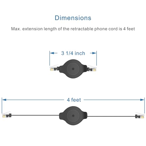 NECABLES Retractable Phone Cord for Landline 4ft Auto Rewind Telephone Handset Cord RJ9 4P4C Male to Male - 4 Feet - Thumbnail 4
