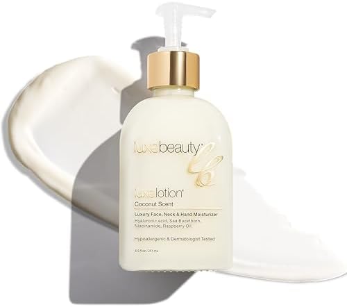 LUXELOTION Non-Greasy Moisturizer for Face, Neck & Hands – Coconut Scented Lotion, Anti-Aging, Hyaluronic Acid Body Lotion - Hyaluronic Acid for Body with Organic & Plant Based Ingredients