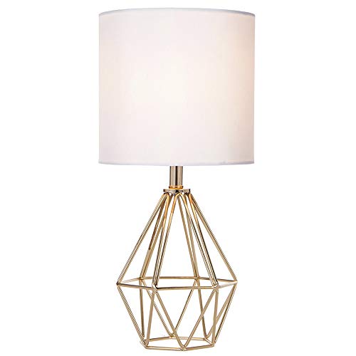 COTULIN Gold Modern Hollow Out Base Bedroom Small Table Lamp,Bedside Nightstand Lamp with Geometric Metal Base White Fabric Shade,Cute Desk Lamp for Kids Living Room