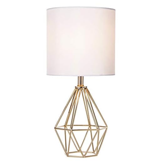 COTULIN Gold Modern Hollow Out Base Bedroom Small Table Lamp,Bedside Nightstand Lamp with Geometric Metal Base White Fabric Shade,Cute Desk Lamp for Kids Living Room