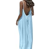Backless Cami Dresses for Women Cami Lounge Dress Backless Solid Color Sleeveless House Long Sundress with Back Tie Vacation Light Blue,Medium