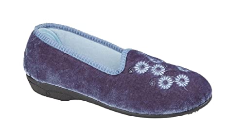 Image of Zedzzz Cathy Ladies Embroidered Slippers Textile Blueberry Velour UK 7