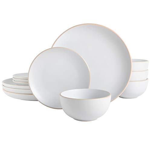 Gibson Home Rockaway 12-Piece Round Stoneware Dinnerware Set, Service for 4 – White Plates and Bowls, Modern Matte Finish, Microwave & Dishwasher Safe by Gibson Home - Used condition - US$32.41