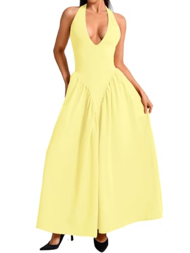 Image of ChiaoLezhee Deep V Neck Dress, Halter Maxi Dresses, Vacation Date Night, Sexy for Women Corset Flowy Wedding Guest Drop Waist