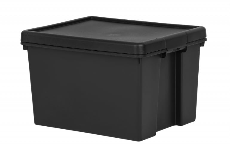 45L Heavy Duty Storage Boxes with Lids 100% Recycled Plastic Stackable Nestable Durable Strong Lid snaps into place and features holes to add tie-wraps for added security for Home & Office Storage
