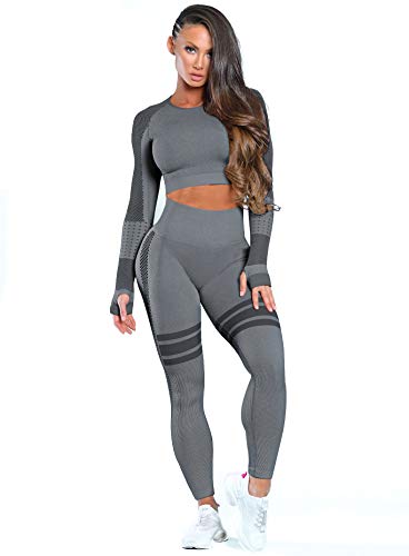 MANON ROSA Workout Sets Women 2 Piece Yoga Legging Gym Clothes Grey Large