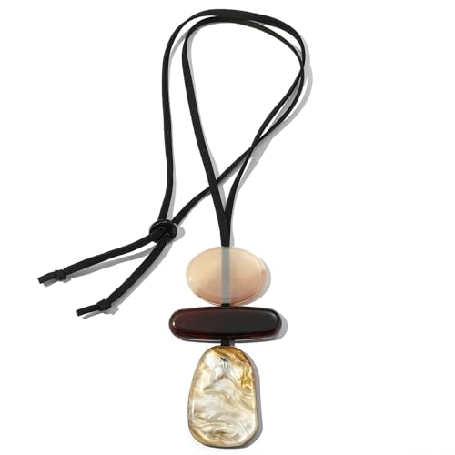 JWIGP Bohemian Long Pendant Necklace for Women, Artistic Resin Geometric Jewelry with Layered Abstract Shapes, Boho Statement Necklace for Casual Outfits (Light Apricot)