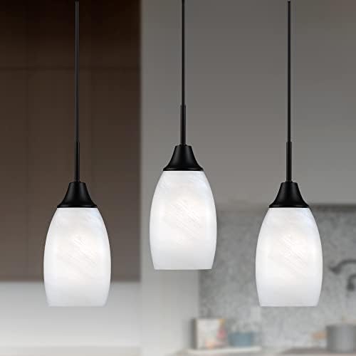 Viinew Mini Glass Pendant Light,with Handblown White Art Glass Shade Adjustable Cord Modern Hanging Pendant Light for Kitchen Island,Dining Room,Living,Foyer, Hallway, Entry, Flat Black Finish 3 Pack