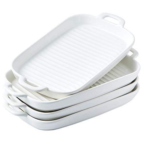 Bruntmor 10" X 6" Set of 4 Serving Platters Porcelain Serving Plates Matte Glaze Baking Dish Dinner Plates, Oven Safe Serving Dishes for Christmas, Rectangular, White