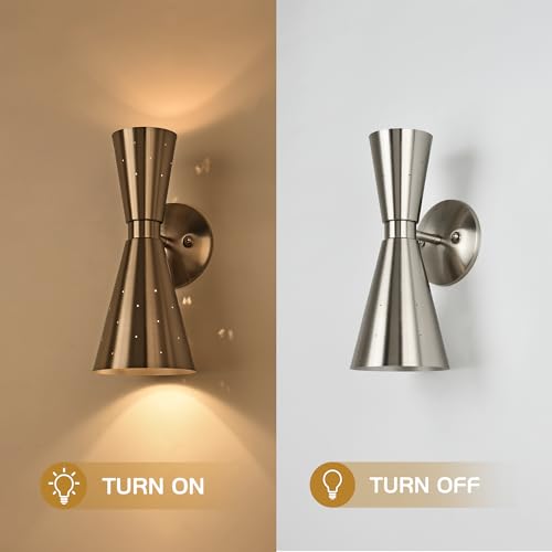 Image of Brushed Nickel Wall Sconce, Modern Sconce Wall Lighting Mid-Century Hardwired Wall Light Bedside E12 Industrial Metal Wall Mount Lamp for Living Room Mirror Cabinet Bedroom Bathroom
